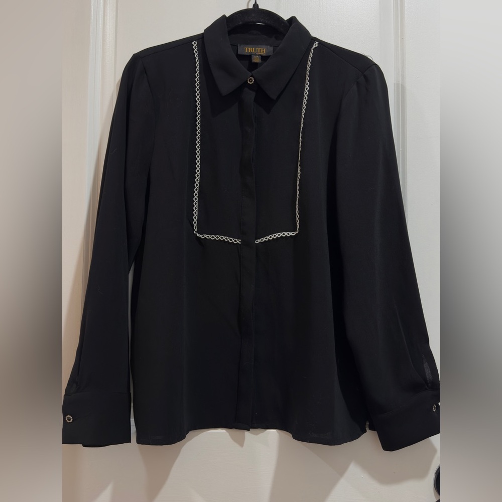 Classy Black Button-Down w Lace Embellishment & Jeweled Buttons